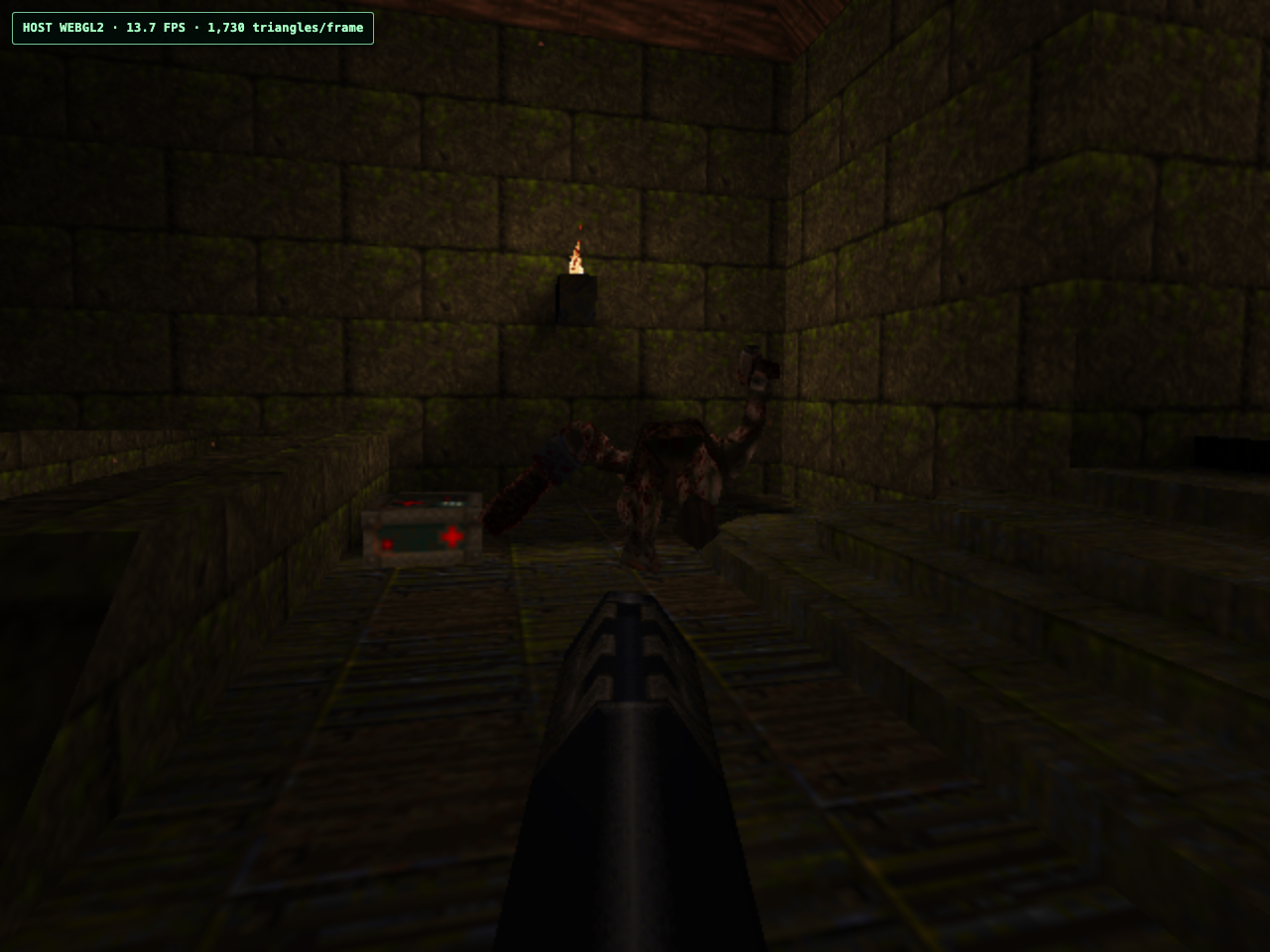 Original GLQuake rendered through the Windows 98 system OpenGL driver and host WebGL2